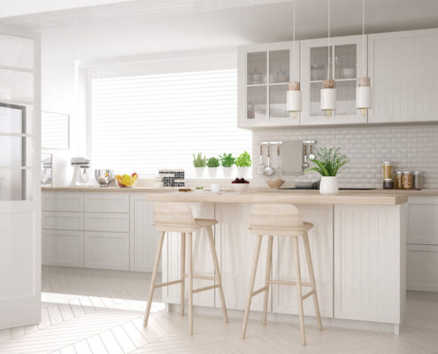 Scandinavian,Classic,Kitchen,With,Wooden,And,White,Details,,Minimalistic,Interior